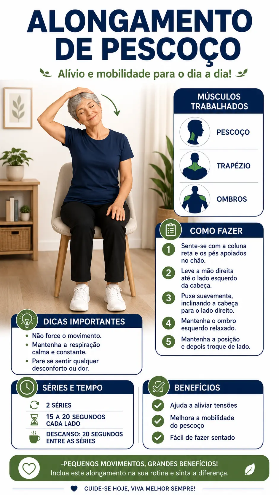 Página ilustrada do material: alongamento de pescoço